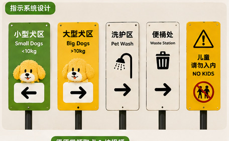狗狗镇指示系统：大型犬区、洗护区、便桶处、儿童禁入警示牌