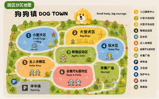 狗狗镇六分区导视地图：小型犬区/大型犬区/敏捷运动区/玩水区/主人休憩区/会客厅&派对区